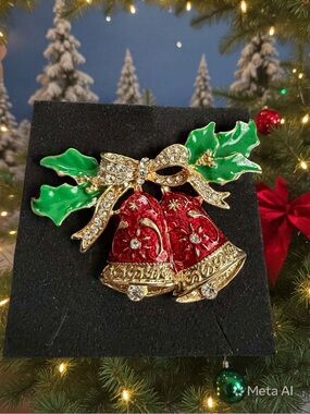 Festive Red Bell & Holly Rhinestone Brooch